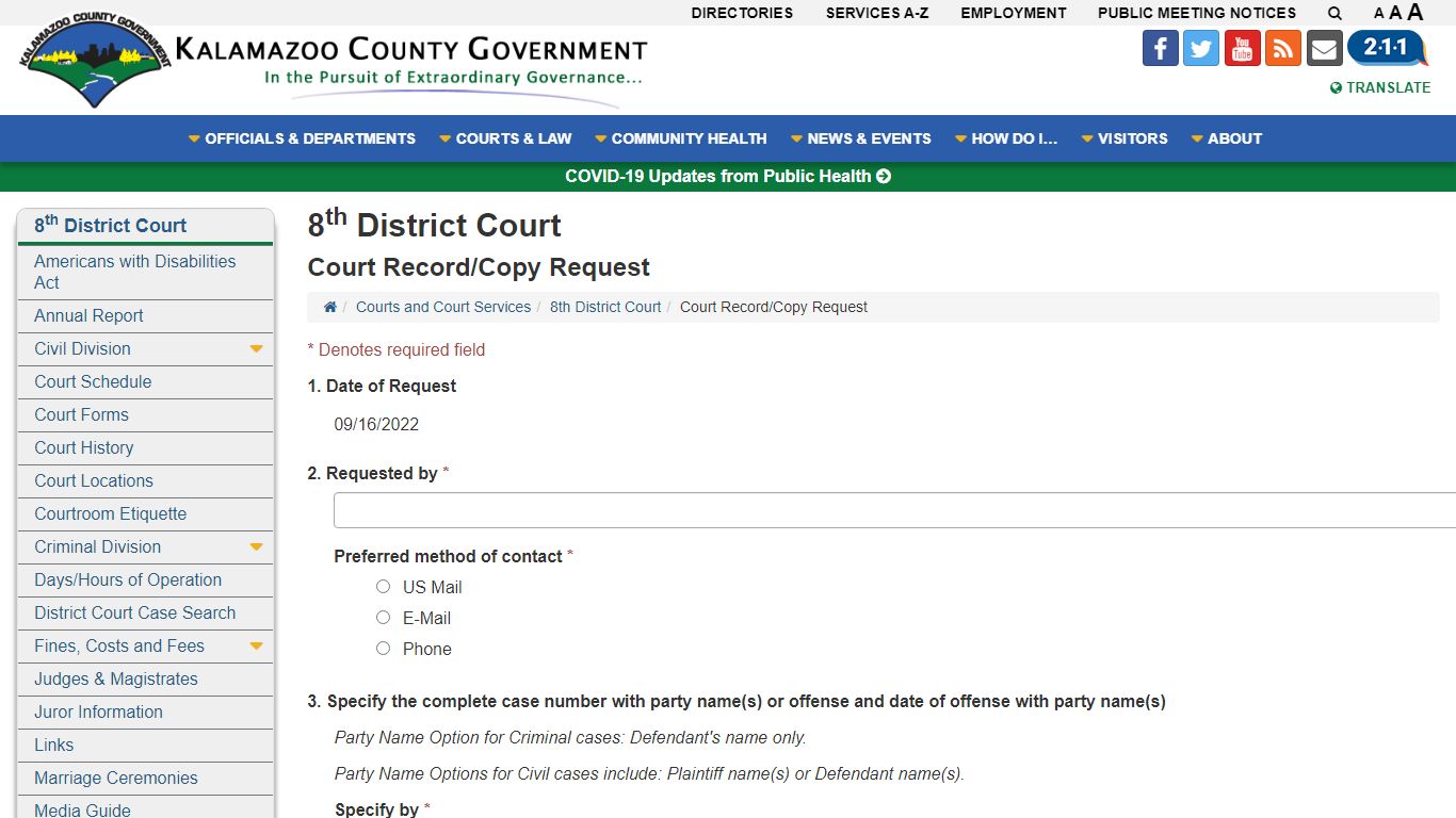 Court Record/Copy Request - Kalamazoo County, Michigan